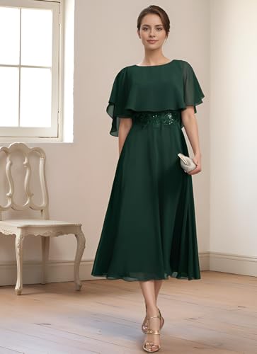 Tea-Length Chiffon Mother of The Bride Dresses Appliques Shawl Formal Wedding Guest Dress3