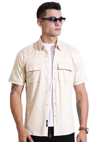 Image of Thomas Scott Men's | Solid | Half Sleeve | Slim Fit | Cotton Blend | Double Flap Pocket | Spread Collar | Casual Shirt