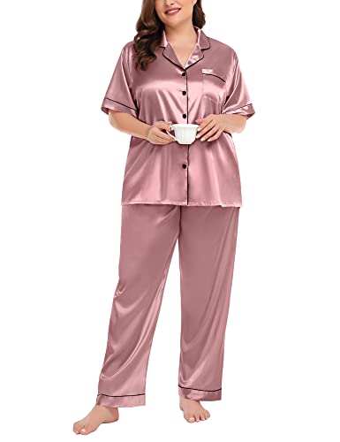 Image of SWOMOG Women's Plus Size Pajamas Silk Satin Pajama Set Short Sleeve Shirt with Full-Length Pants Pjs Sleepwear Set 18W-26W
