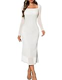 DRESSTELLS Sequin Formal Dresses for Women, Sparkly Long Sleeve Bodycon Mesh Cocktail Wedding Guest Evening Party Prom Gala Funeral Dress White L