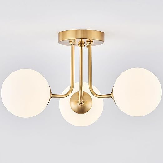 Modern Semi Flush Mount Ceiling Light 3-Light,Globe White Glass Shade Semi Flush Mount Ceiling Light, Sputnik Chandeliers for Bedroom Hallway Dining Room Lighting Fixture