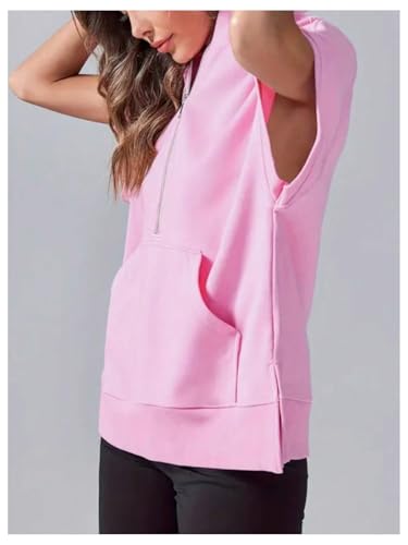 Verdusa Women's Oversized Half Zip Hoodies Short Sleeve Casual Sweater Hoodie Pullover Tops with Pockets3