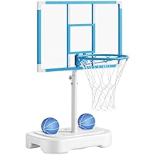 Yohood Pool Basketball Hoop, Stainless Steel Poolside Basketball Goal, Swimming Pool Basketball Hoop Poolside with 33 Inch Shatterproof PC Backboard, 2 Waterproof Balls & Pump