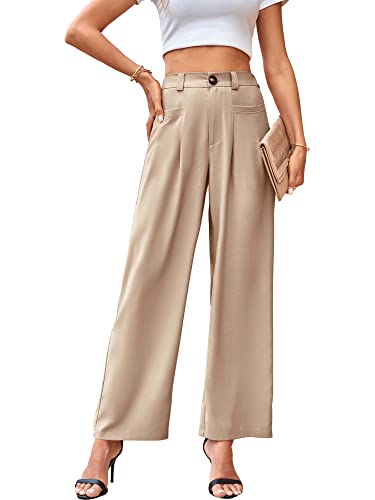Msbasic Work Pants For Women Office Daily Palazzo Pants Casual High Waisted Wide Leg Trousers Women Beige #TOP11