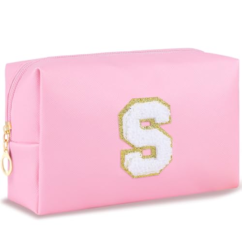 URSKYTOUS Patch Makeup Bag Travel Small Cosmetic Bag Pink PU Makeup Pouch Zippered Personalized Preppy Initial Skin Care Stuff Bag for Women Birthday Gift Teen Girl Gifts Trendy Stuff(S)