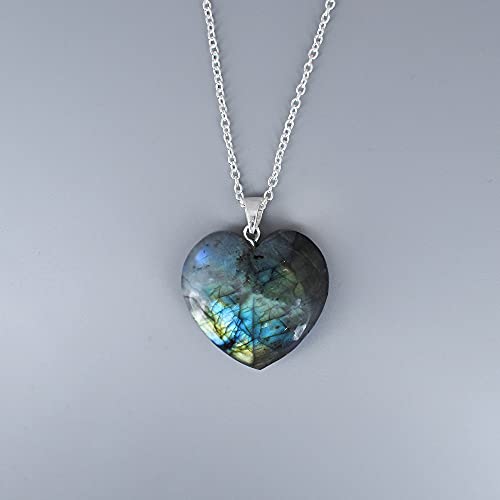 Gempires Labradorite Heart Stone Pendant Necklace, Labradorite Pendant 30Mm, Heart Crystal Necklace, Labradorite Jewelry For Women, Silver Plated 20 Inches Adjustable Chain #TOP2