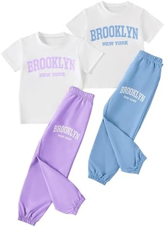 Girls 4 Pieces Outfits Short Sleeve Printed Tee Tops and Pants Se...