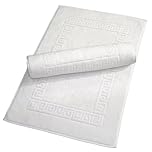 Makooz 2 Cotton Bath Mats - Classic Greek Key Pattern 750 GSM - Not Bathroom Rug - Ultra Soft Touch, Water Absorbent, Quick Drying Plush Tub Shower Bathroom Floor Foot Towel - White 50x75 CM