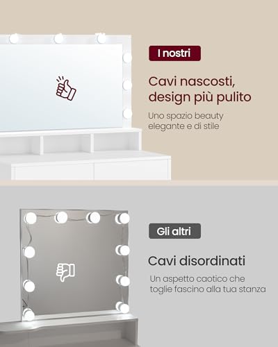 VASAGLE KAILYN Collezione - Tavolo da Trucco, Toeletta con Luce LED, Regolabile a 3 Colori, con Specchio, Tavolo Cosmetico con 2 Cassetti e 3 Scomparti Aperti, Bianco Nuvola RDT120T10 - Immagine 5