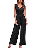 Knitee Women's Sleeveless Deep V Neck Ruched Wide Leg Jumpsuit Long Romper Belt with Pockets Black Large