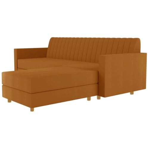 Image of Rosebell 3 + 1 Wooden 4 Seater - L Shape Convertible Sofa Set for Living Room Furniture, Modular Sectional Couch for Small Space, Upholstery-Velvet Fabric - Golden