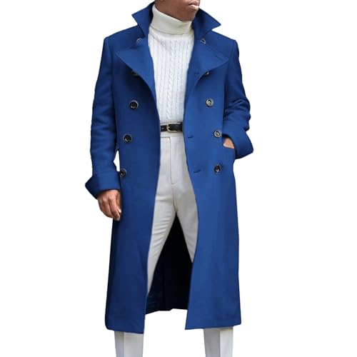 Maiyifu-GJ Men's Trench Coat Fall Winter Warm Long Overcoat Notched Lapel Double Breasted Wool Blend Pea Coats Outerwear