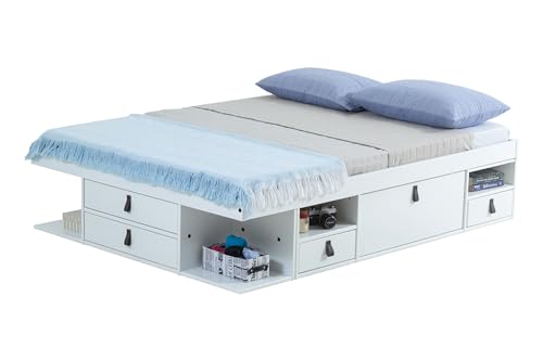 Memomad Lit avec Rangement Bali 140x200 cm Blanc - Lit avec sommier et Beaucoup d'espace de Rangement, idéal pour Les Petites Chambres - Lit avec Rangement et...