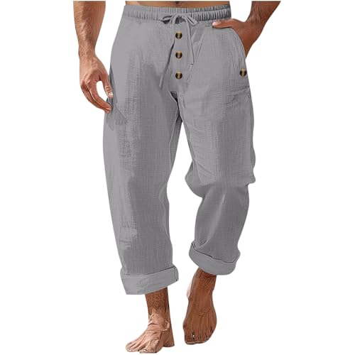 Finelylove Mens Casual Summer Linen Pants Relaxed Fit Button Beach Pants Elastic Waist Drawstring Long Lounge Yoga Trousers