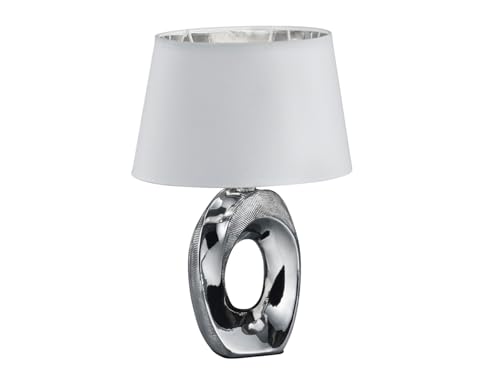 Piccola lampada da tavolo a LED, 1 luce, base in ceramica, color argento, con paralume in tessuto, altezza 33 cm, lampada da comodino