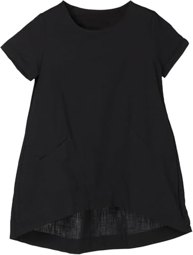 Minibee Women's Cotton Linen Short Sleeve Tunic/Top Tees (XL, Black)