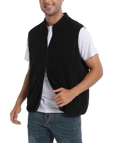 Argstar Men's Black Fleece Vest with Zipper Pockets, Full-Zip Casual Lightweight Sleeveless Outerwear Gilet L