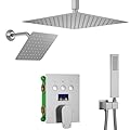 WHSHOWER Rain Full Body Shower System Brushed Nickel Bathroom Shower Fixtures Faucet Combo Set 12 & 8 Inch Square Showerhead Temperature Display Rough-in Valve Body and Trim Included