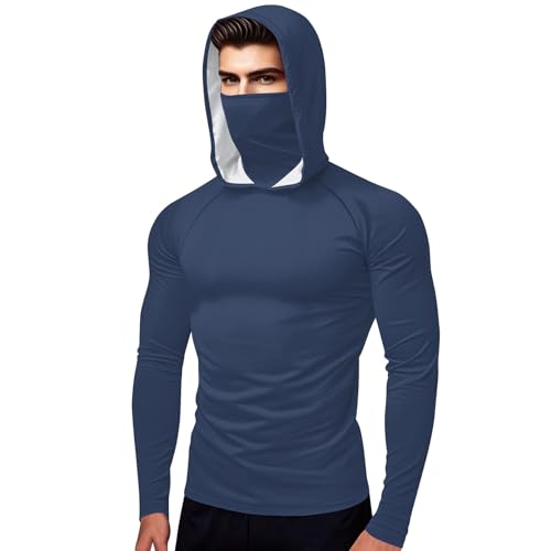 Mens Rash Guard Swim Shirt Long Sleeve UPF 50+ UV Sun Protection Compression Hoodies with Mask Outdoors Fishing Tops