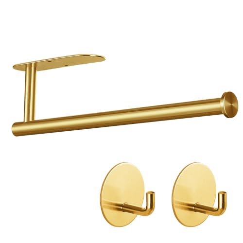 Kinbrace Paper Towel Holder with 2 Hooks-Under Cabinet Paper Towel Holder for Kitchen, Self-Adhesive or Screws, Space Saving Wall Mounted Kitchen Roll Holder, Bathroom, Stainless Steel Brushed Gold
