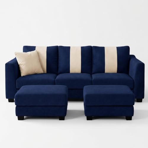 Image of Revo 5 Seater L Shape Sofa Set with 2 Movable Ottomans | Flexible Layout | Luxury Velvet Suede Fabric | Modern Living Room Sofa | Dark Blue