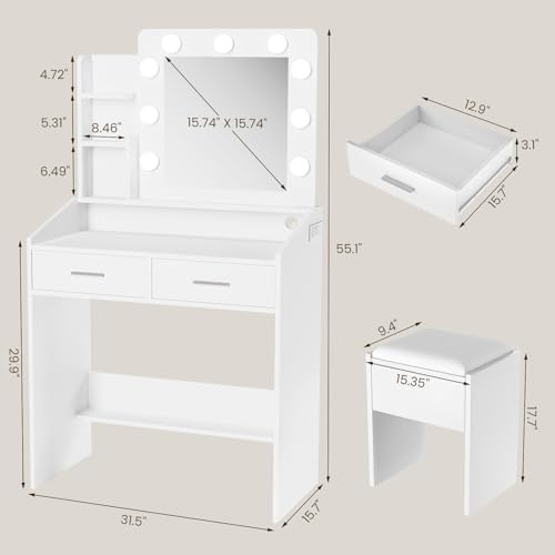 GarveeHome Vanity Desk with Mirror and Lights, Makeup Vanity with Power Outlet & Cushioned Stool, 3 Lighting Modes Adjustable Brightness, Dressing Table with Hairdryer Holder for Bedroom, White