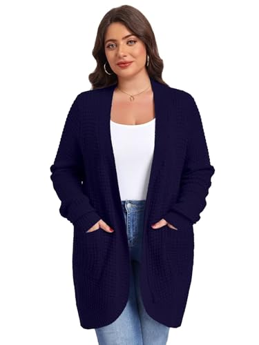 Image of LARACE Long Cardigans for Women Plus Size Tops Open Front Sweaters with Pockets Waffle Ribbed Sleeve Loose Fall Outwear