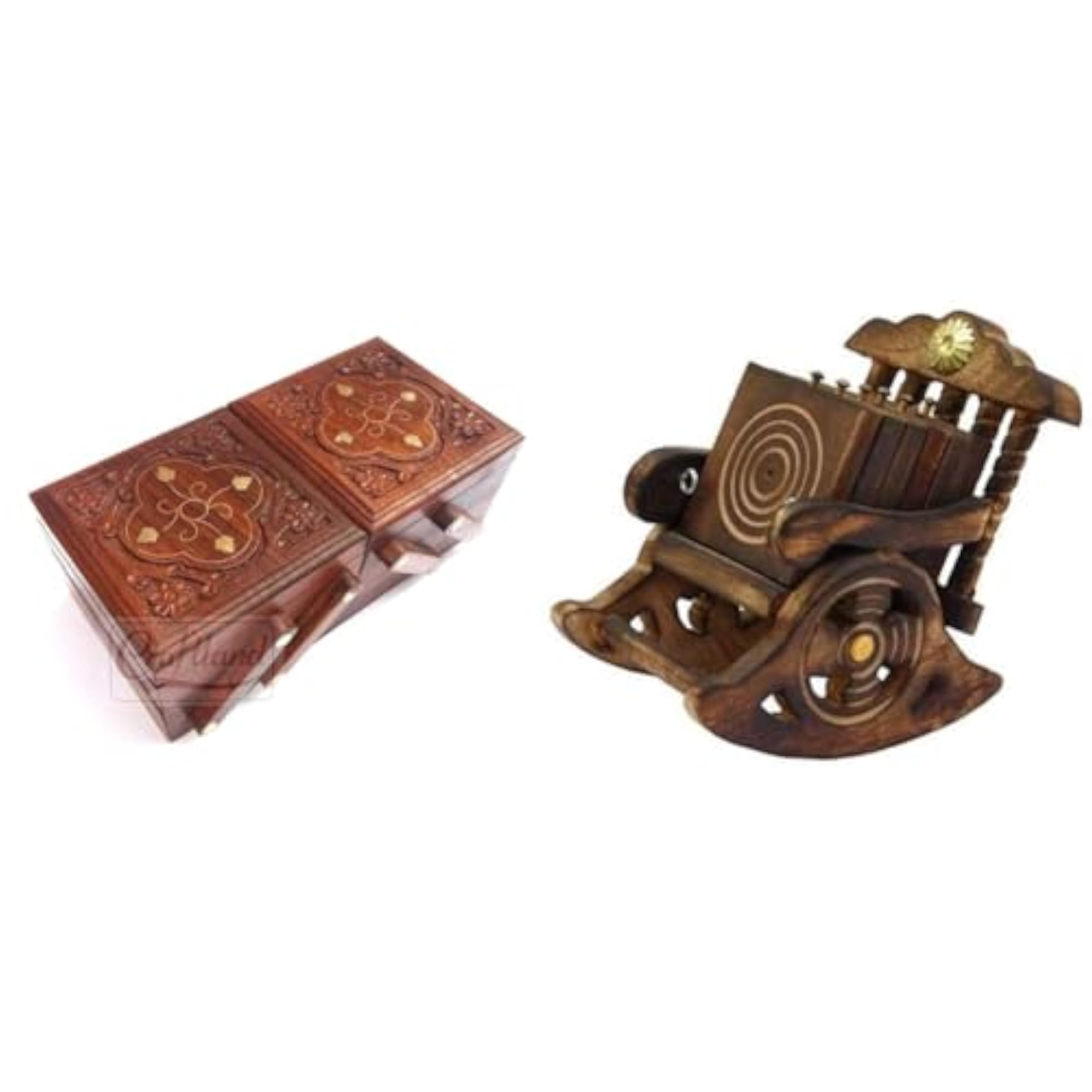 Brass Carved Jewelry Box with Wooden Coaster Set
