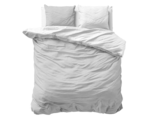 Sleeptime Parure de lit 220 x 240 cm - 100% Coton - Blanc/Gris - Housse de Couette 2 Personnes Douce Sans Repassage avec fermeture Boutonnée - Linge de Lits...