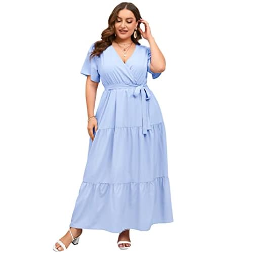 ShopWonder Womens Plus Size V Neck Wrap Maxi Dress High Waist Ruffle Summer Casual Dress with Belt, 4X-Large, Solid Light Blue