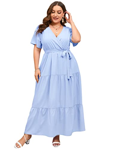 Image of ShopWonder Womens Plus Size V Neck Wrap Maxi Dress High Waist Ruffle Summer Casual Dress with Belt