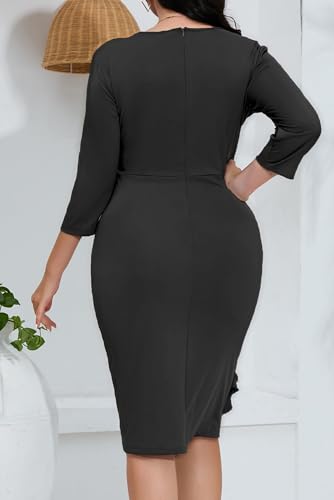 Image of Plus Size Dresses for Curvy Women 3 /4 Sleeve Bodycon Fit Ruffle Midi Pencil Dress