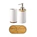 Dosificador de jabón de cerámica vaso portacepillos de dientes con soporte de bambú Set de accesorios de baño Dosificador de jabón con bomba, vaso portacepillos de dientes y soporte de BulzEU.
