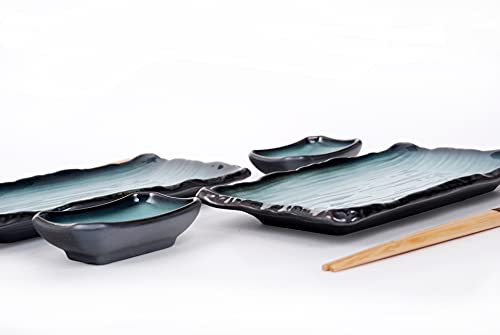 Hinomaru Collection 6 Piece Sushi Dinner Set Rectangular Sushi Plate Sauce Dish And Chopsticks Sushi Dinner Set For Two (Blue Lake) #TOP2