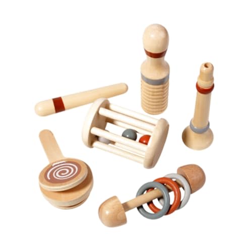 EHJRE 5個の木製おもちゃ、赤ちゃん用音楽アイテム、ハイハイ用トランペットとガラガラ