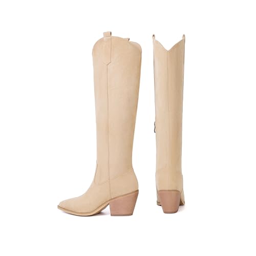 Image of Reitoye Cowboy Boots for Women Embroidery Western Cowgirl Knee High Chunky Heel Boots with Pull-Up Tabs