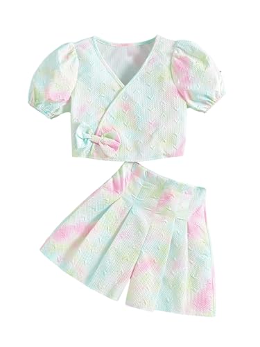 Image of MakeMeChic Girl's 2 Piece Outfit Tie Dye Bow Puff Sleeve V Neck Crop Tops and Pleated Shorts Set