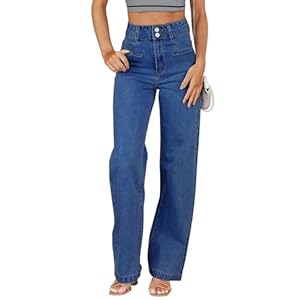 Jeans Damen Weites Bein High Waist Stretch Doppelknopfverschluss Vintage Loose Fit Jeans Weites Bein Denim