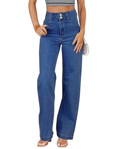 Jeans Damen Weites Bein High Waist Stretch Doppelknopfverschluss Vintage Loose Fit Jeans Weites Bein Denim