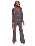 Wisteria 3 Piece Mother of The Bride Pant Suits for Wedding Guest - Chiffon Lace Sequins Mother of The Bride Trouser Suits Formal Evening Party Prom Outfits with Jacket Size UK14