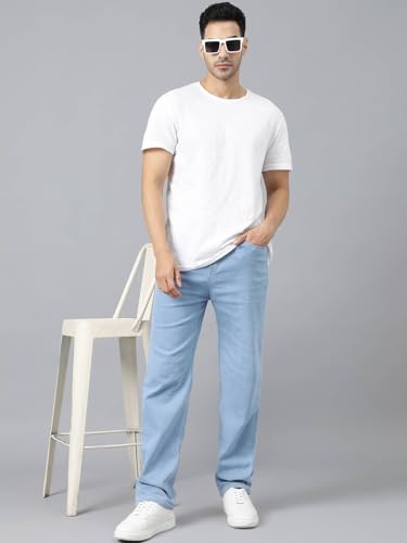 Image of KOTTY Men's Solid Abyssal Anchorfish Blue Button Straight Fit Jeans