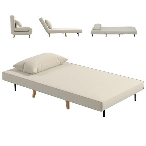 HOMCOM Sofá Cama Individual 3 en 1 94x78x80 cm Sillón Cama con Respaldo Ajustable en 6 Posiciones Almohada Acolchada Carga 350 kg para Oficina Dormitorio Salón Beige
