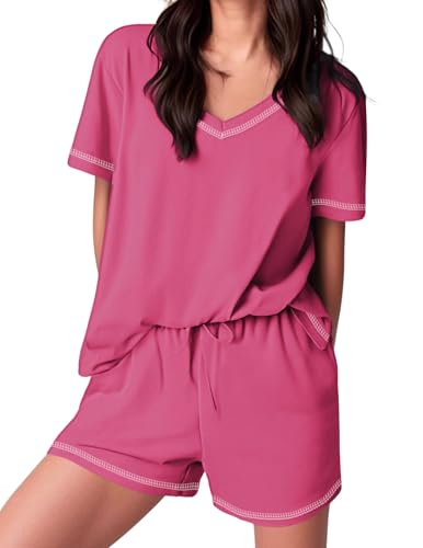 Image of Ekouaer Womens Pajamas Sets Soft 95% Cotton Pjs Short Sleeve Lounge Sets | Comfy Sleepwear Sets with pockets, ideal for Home, Mom, Party, Gifts, Daily Wear