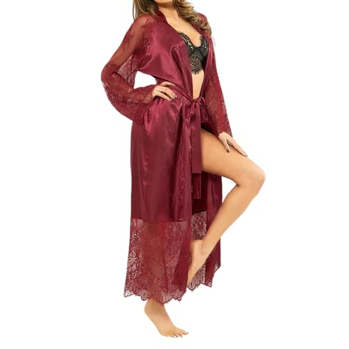 Silky Robes Mujer: silueta de kimono largo de satén, caída suave y elegancia con ribetes de encaje | Romántica pieza de ropa de dormir nupcial, comodidad de salón, glamuroso detalle de ropa de