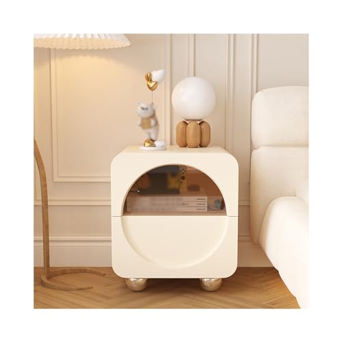 Genérico Mesita de Noche Moderna con Puerta de Vidrio Templado y 2 cajones. Mesita de Noche Estilo Crema con Patas de Acero Inoxidable y cómoda de Cuero de Microfibra.
