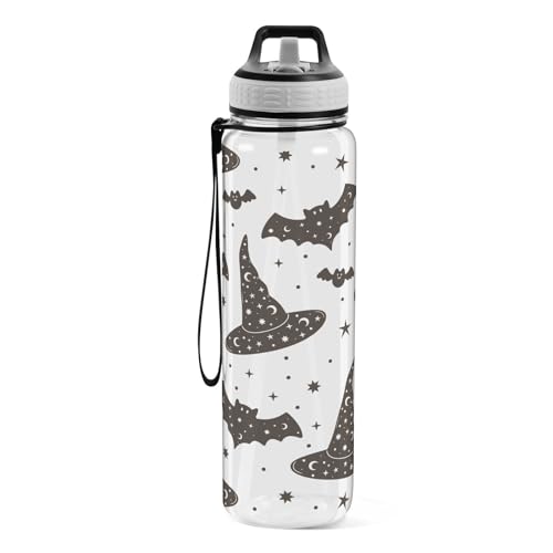 Botella de agua deportiva con sombrero de bruja negro y murciélago, botella de Tritan con pajita, grande, 1000 ml, sin BPA, transparente, a prueba de fugas, para niños, niñas, mujeres, hombres,
