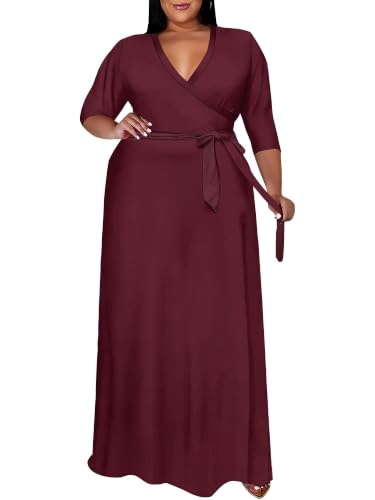 Image of SUZONANA Plus Size Maxi Dresses for Curcy Women Casual Loose 3 /4 Sleeve Long Dress with Belt