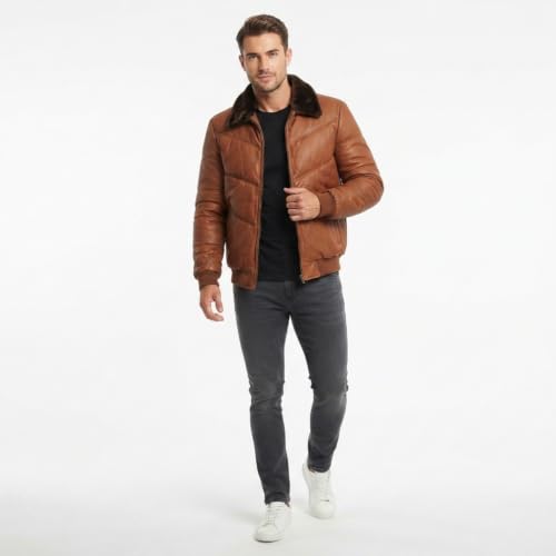 Image of F&F Classic Men's Premium Genuine Lambskin Aviator Style Puffer Fur Shearling Collar Leather Bomber Winter Fashion Jacket