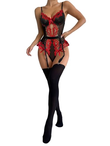 Image of Sexy Stocking Lace Mesh Bodysuit Top Underwire Garter Lingerie Set 3 Piece