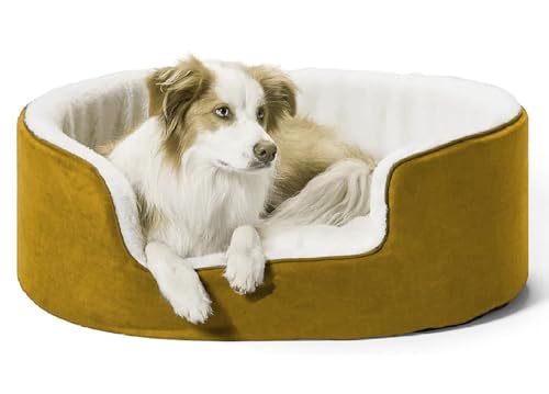 Image of The Pets Company Self-Warming Dog Basket Bed for XLarge & Giant Dogs| Soft Sherpa Winter Bed | Mustard, XLarge, 34 x 34 x 9 inches